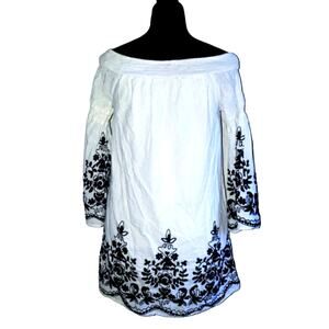 Kori America Boho embroidered white and black dress/shirt off shoulder s…